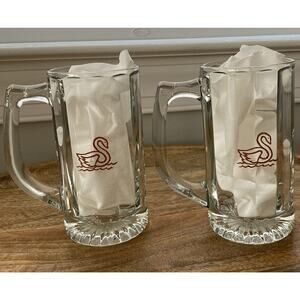 Set Of Two 11 Ounce Vintage glass Beer Mugs With Swan Emblem